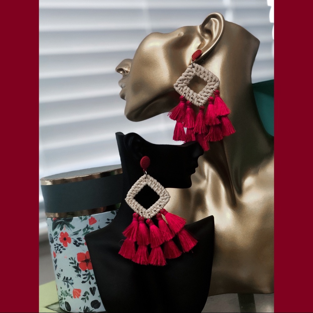 Boho Raffia Tassel Big Fringe Drop Earrings NWT